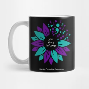 Suicide prevention; semicolon sunflower, white type Mug